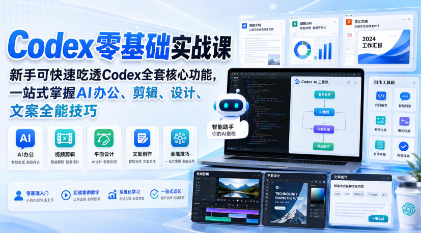 Codex零基础实战课,新手可快速吃透Codex全套核心功能,一站式掌握AI办公、剪辑、设计、文案全能技巧-AI学习-副业网赚项目-自媒体运营-AI创作提示词-短视频玩法-AI技能提升野草AI资源学习网