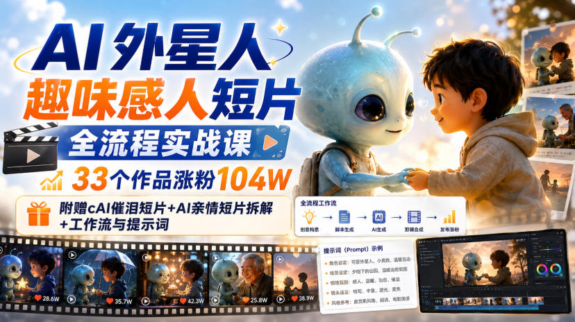AI外星人趣味感人短片全流程实战课,33个作品涨粉104W,附赠AI催泪短片+AI亲情短片拆解+工作流与提示词-AI学习-副业网赚项目-自媒体运营-AI创作提示词-短视频玩法-AI技能提升野草AI资源学习网