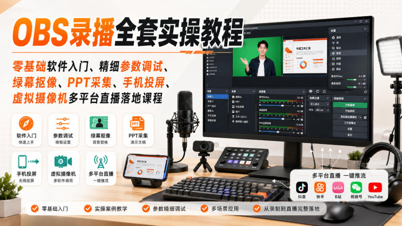 OBS录播全套实操教程|零基础软件入门、精细参数调试、绿幕抠像、手机投屏、虚拟摄像机多平台直播落地课程-AI学习-副业网赚项目-自媒体运营-AI创作提示词-短视频玩法-AI技能提升野草AI资源学习网