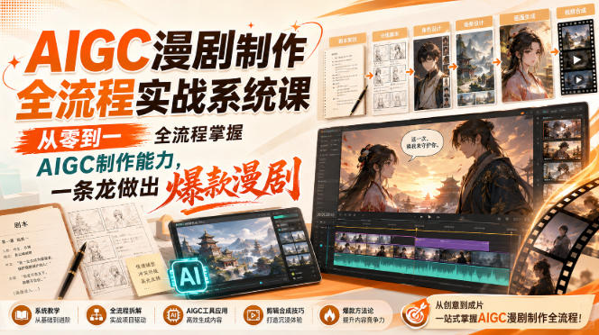 AIGC漫剧制作全流程实战系统课，从零到一全流程掌握AIGC制作能力，一条龙做出爆款漫剧-AI学习-副业网赚项目-自媒体运营-AI创作提示词-短视频玩法-AI技能提升野草AI资源学习网