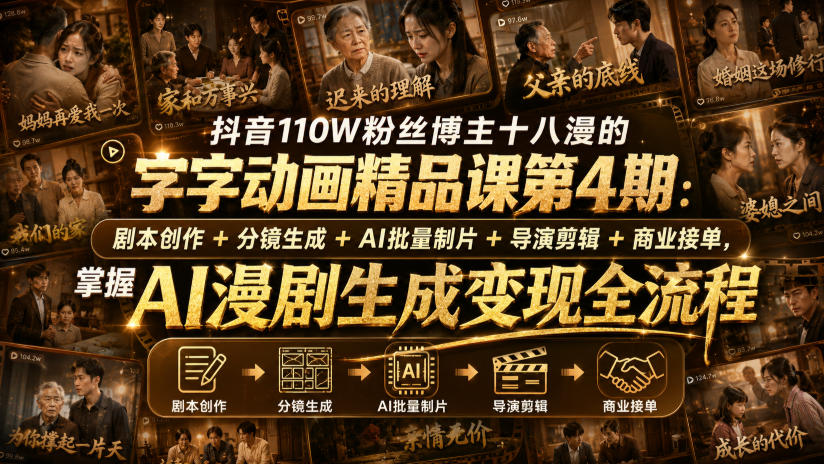 抖音110W粉丝博主十八漫：【字字动画精品课】第4期：剧本创作+分镜生成+剪辑+商业接单，掌握AI漫剧生成变现全流程-AI学习-副业网赚项目-自媒体运营-AI创作提示词-短视频玩法-AI技能提升野草AI资源学习网