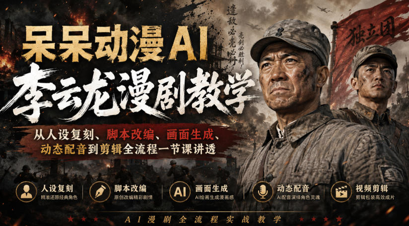 呆呆动漫AI李云龙漫剧教学,从人设复刻、脚本改编、画面生成、动态配音到剪辑全流程一节课讲透-AI学习-副业网赚项目-自媒体运营-AI创作提示词-短视频玩法-AI技能提升野草AI资源学习网