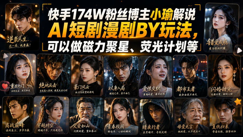 快手174W粉丝博主小瑜解说:【AI短剧漫剧搬运玩法】,可以做磁力聚星、荧光计划-AI学习-副业网赚项目-自媒体运营-AI创作提示词-短视频玩法-AI技能提升野草AI资源学习网