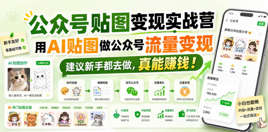 公众号贴图变现实战营,用AI贴图做公众号流量变现,建议新手都去做,真能賺钱!-AI学习-副业网赚项目-自媒体运营-AI创作提示词-短视频玩法-AI技能提升野草AI资源学习网