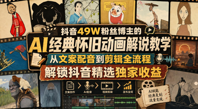 抖音49W粉丝博主:【AI经典怀旧动画】解说教学,从文案配音到剪辑全流程,解锁抖音精选独家收益-AI学习-副业网赚项目-自媒体运营-AI创作提示词-短视频玩法-AI技能提升野草AI资源学习网