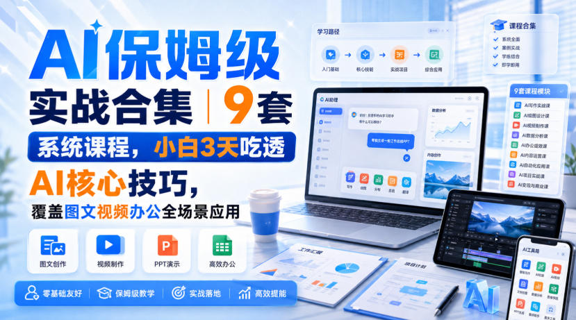 AI保姆级实战合集|9套系统课程,小白3天吃透AI核心技巧,覆盖图文视频办公全场景应用-AI学习-副业网赚项目-自媒体运营-AI创作提示词-短视频玩法-AI技能提升野草AI资源学习网