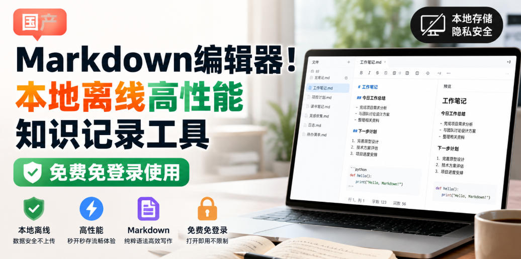 国产Markdown编辑器！本地离线高性能知识记录工具，免费免登录使用-AI学习-副业网赚项目-自媒体运营-AI创作提示词-短视频玩法-AI技能提升野草AI资源学习网