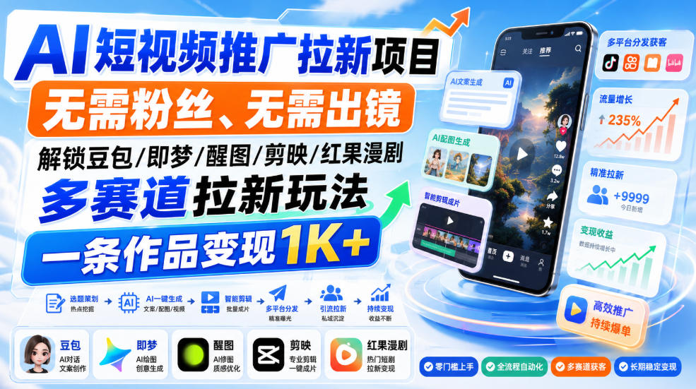 神图:豆包办公/即梦/醒图/剪映/红果漫剧,多赛道拉新玩法,一条作品变现1K+【两套课程】-AI学习-副业网赚项目-自媒体运营-AI创作提示词-短视频玩法-AI技能提升野草AI资源学习网