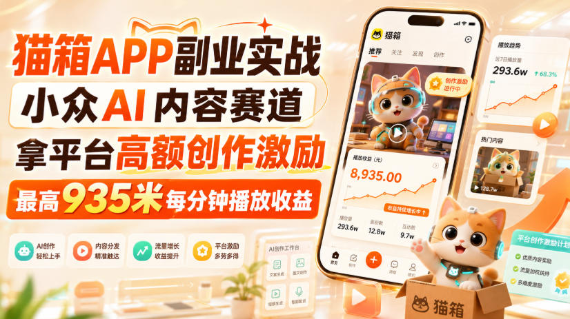 猫箱APP副业实战,小众AI内容赛道,拿平台高额创作激励,最高935米每分钟播放收益-AI学习-副业网赚项目-自媒体运营-AI创作提示词-短视频玩法-AI技能提升野草AI资源学习网