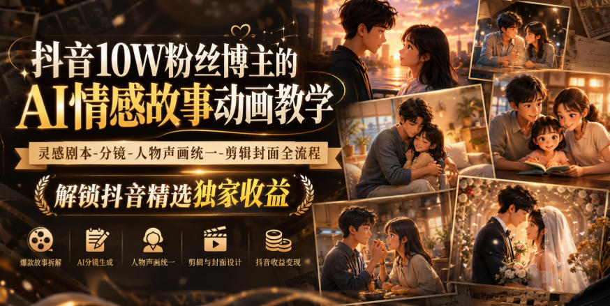 抖音10W粉丝博主:【AI情感故事】动画教学,灵感剧本‑分镜‑人物声画统一‑剪辑全流程,解锁抖音精选独家收益-AI学习-副业网赚项目-自媒体运营-AI创作提示词-短视频玩法-AI技能提升野草AI资源学习网