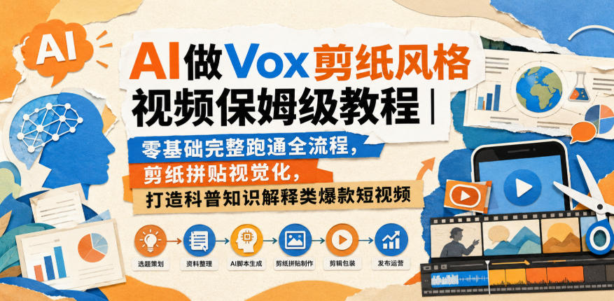 AI做Vox剪纸风格视频保姆级教程|零基础完整跑通全流程,剪纸拼贴视觉化,打造科普知识解释类爆款短视频-AI学习-副业网赚项目-自媒体运营-AI创作提示词-短视频玩法-AI技能提升野草AI资源学习网