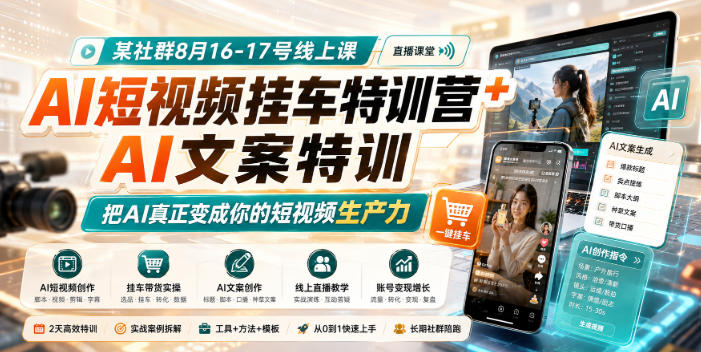 某社群8月16-17号线上课,AI短视频挂车特训营+AI文案特训,把AI真正变成你的短视频生产力-AI学习-副业网赚项目-自媒体运营-AI创作提示词-短视频玩法-AI技能提升野草AI资源学习网