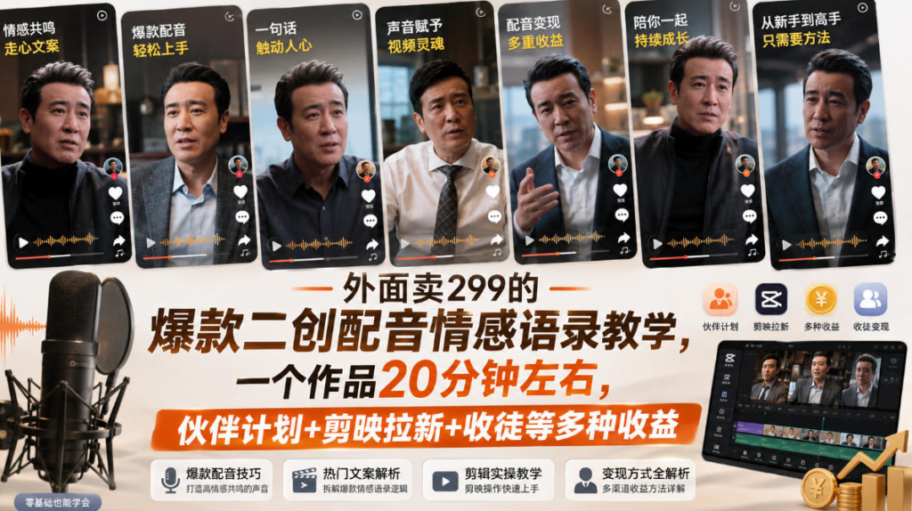 外面卖299的爆款二创配音情感语录教学，一个作品20分钟左右，伙伴计划+剪映拉新+收徒等多种收益（更新）-AI学习-副业网赚项目-自媒体运营-AI创作提示词-短视频玩法-AI技能提升野草AI资源学习网
