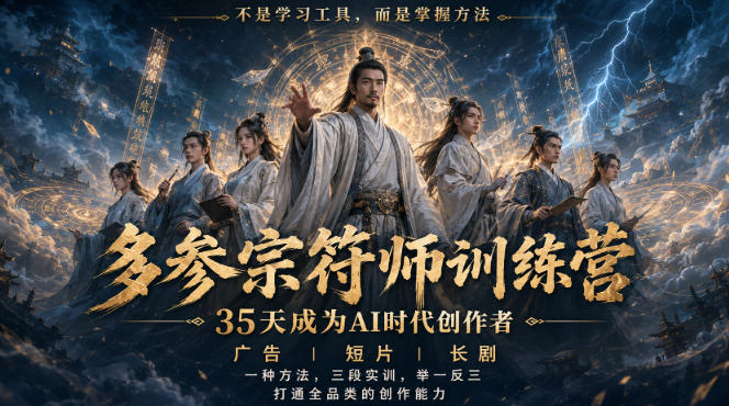 多参宗符师训练营,35天成为AI时代创作者,广告|短片|长剧,一种方法,三段实训,举一反三,打通全品类的创作能力-AI学习-副业网赚项目-自媒体运营-AI创作提示词-短视频玩法-AI技能提升野草AI资源学习网