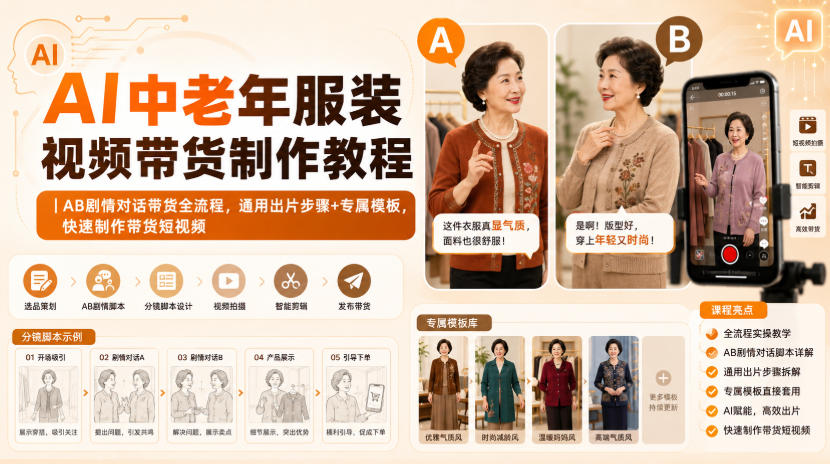 AI中老年服装视频带货制作教程|AB剧情对话带货全流程,通用出片步骤+专属模板-AI学习-副业网赚项目-自媒体运营-AI创作提示词-短视频玩法-AI技能提升野草AI资源学习网