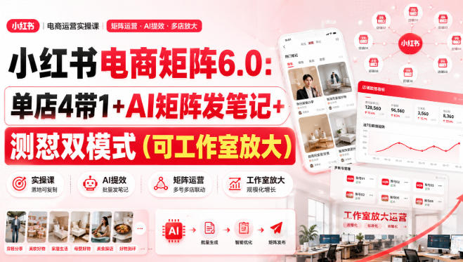 小红书电商矩阵6.0:单店4带1+AI矩阵发笔记+测怼双模式(可工作室放大)-AI学习-副业网赚项目-自媒体运营-AI创作提示词-短视频玩法-AI技能提升野草AI资源学习网