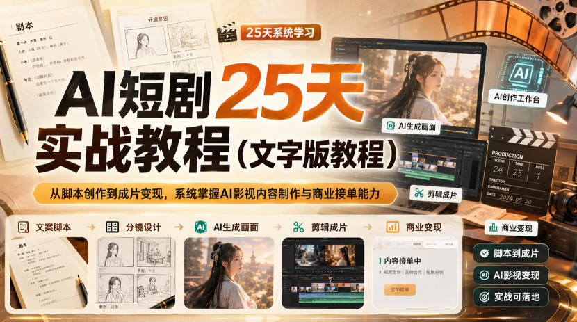 AI短剧25天实战教程(文字版教程),从脚本创作到成片变现,系统掌握AI影视内容制作与商业接单能力-AI学习-副业网赚项目-自媒体运营-AI创作提示词-短视频玩法-AI技能提升野草AI资源学习网