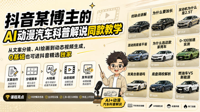 抖音某博主:【AI动漫汽车科普解说】同款教学,从文案分镜、AI绘画到动态视频生成,0基础解锁抖音精选独家收益-AI学习-副业网赚项目-自媒体运营-AI创作提示词-短视频玩法-AI技能提升野草AI资源学习网