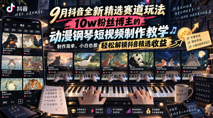 10w粉丝博主:【动漫钢琴短视频】制作教学,制作简单,小白也能轻松解锁抖音精选收益-AI学习-副业网赚项目-自媒体运营-AI创作提示词-短视频玩法-AI技能提升野草AI资源学习网