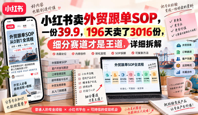 小红书卖外贸跟单sop,一份39.9,196天卖了3016份,细分赛道才是王道,详细拆解-AI学习-副业网赚项目-自媒体运营-AI创作提示词-短视频玩法-AI技能提升野草AI资源学习网