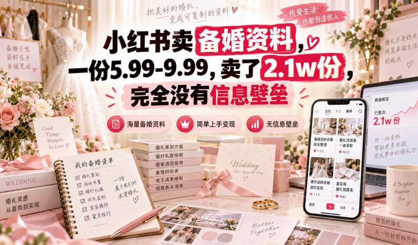 小红书卖备婚资料,一份5.99-9.99,卖了2.1w份,完全没有信息壁垒-AI学习-副业网赚项目-自媒体运营-AI创作提示词-短视频玩法-AI技能提升野草AI资源学习网