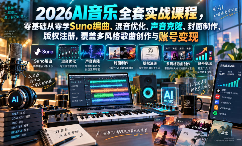 2026AI音乐实战课程,零基础从零学Suno编曲、混音优化、声音克隆、版权注册,覆盖多风格歌曲创作与账号变现-AI学习-副业网赚项目-自媒体运营-AI创作提示词-短视频玩法-AI技能提升野草AI资源学习网