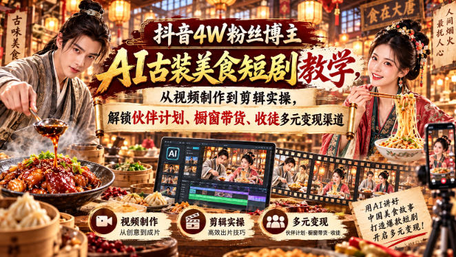 抖音4W粉丝博主:【AI古装美食短剧】教学,从视频制作到剪辑实操,解锁伙伴计划、橱窗带货、收徒多元变现渠道-AI学习-副业网赚项目-自媒体运营-AI创作提示词-短视频玩法-AI技能提升野草AI资源学习网